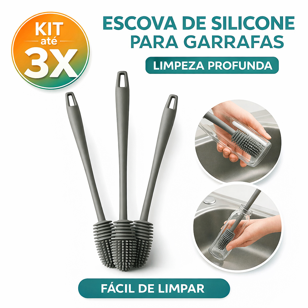 Kit 3-1 Escova Silicone Lavar Garrafa Mamadeira Copo Taça Louça Limpeza Profunda Multiuso Flexivel