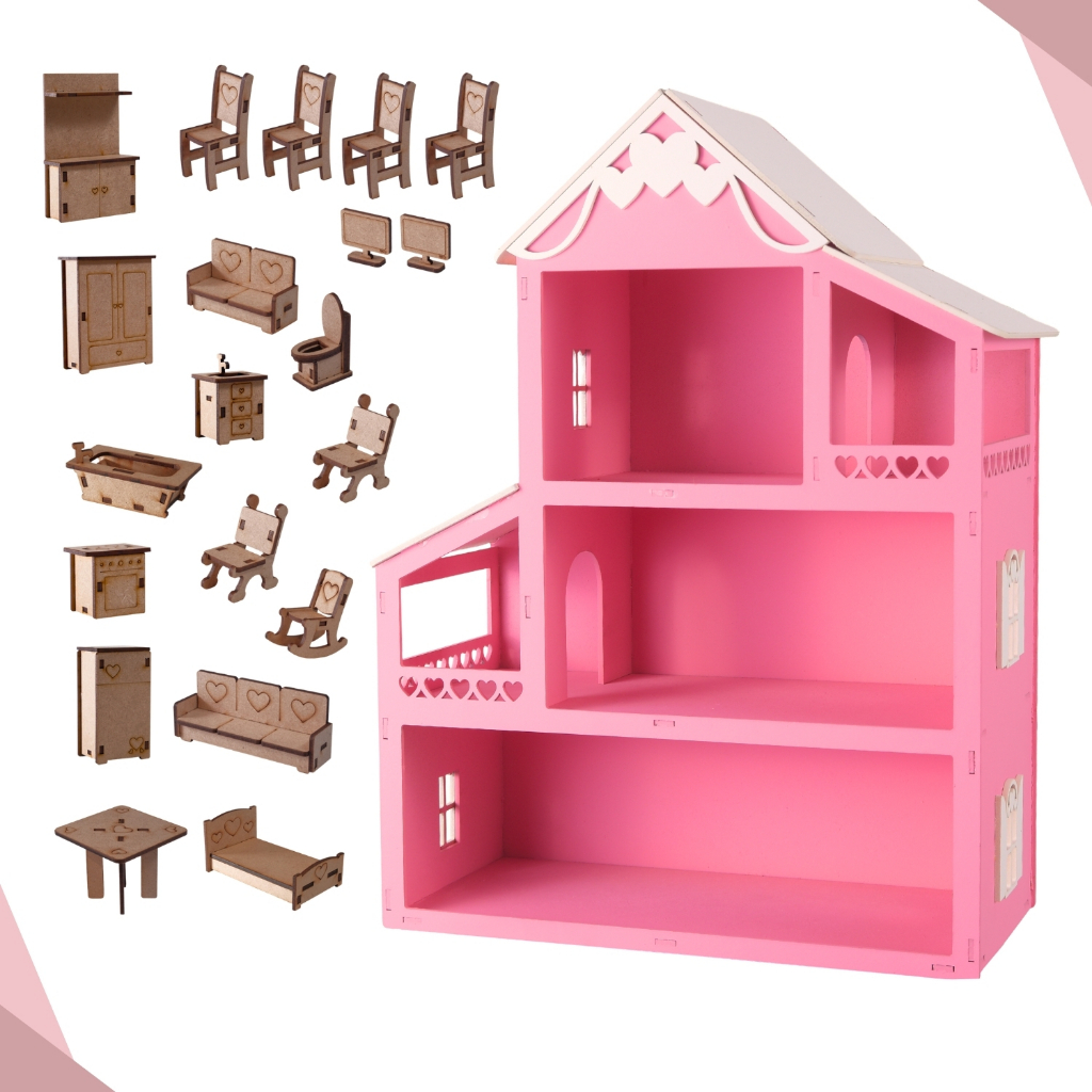 Casa Boneca Polly Mdf Pintada Rosa + Kit 20 Mini Móveis MONTADO - 40cm