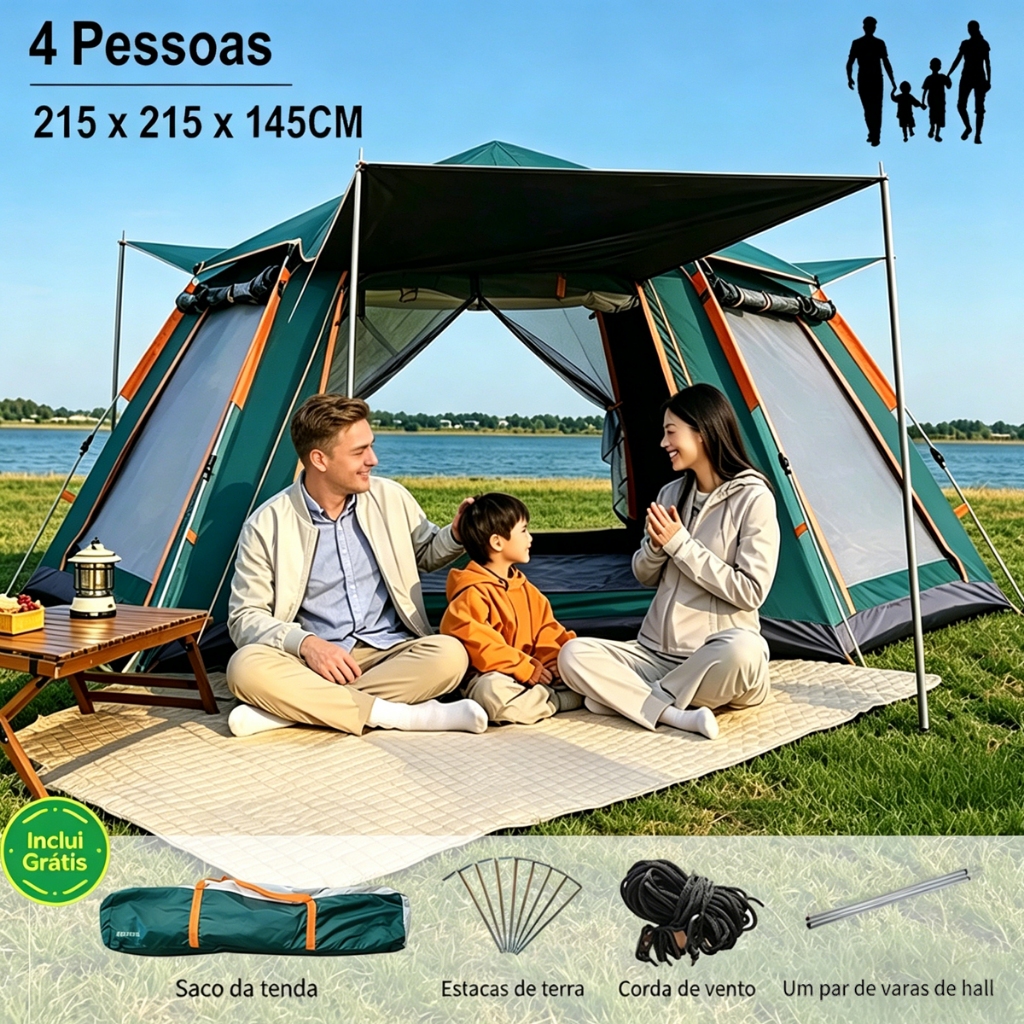 Barraca Camping Automática 4 Pessoas com Varanda, Estrutura Alumínio, Impermeável, 215x215x145cm, Portátil para Família