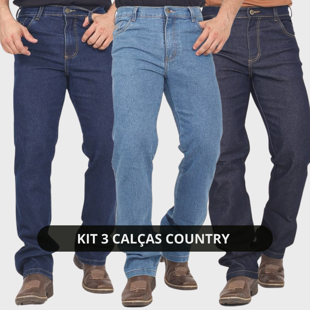 Kit 3 Calças Jeans Masculina Country Tradicional Tecido Grosso Elastano Premium Cavalgada Western Muladeira