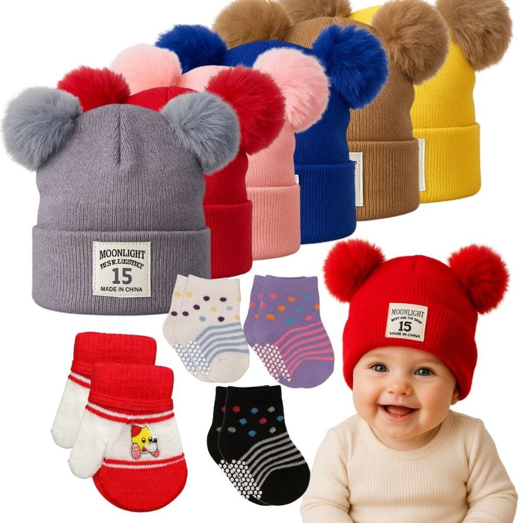 Kit 5 Peças Touca Bebê Luva Meias Algodão Confortável Leve
