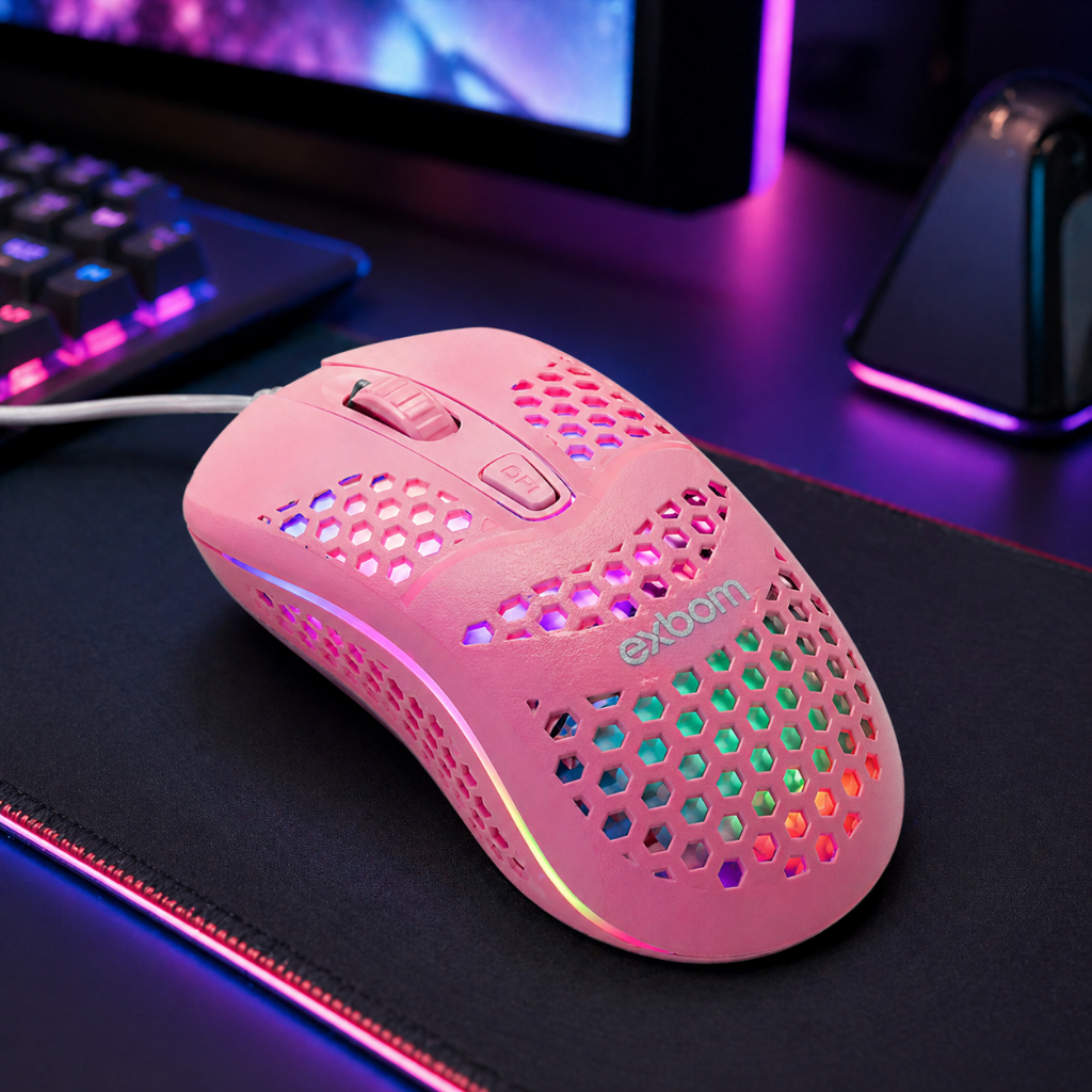 Mouse Gamer LED RGB 1600 DPI Iluminado USB Design Estilo Exbom Alta Precisão Preto Rosa Full
