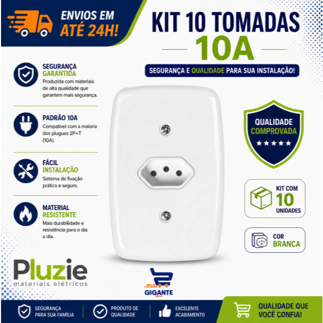 Kit 10 Conjunto Embutir 4x2 1 Tomada 2p+t 10A Pluzie 250v Branco