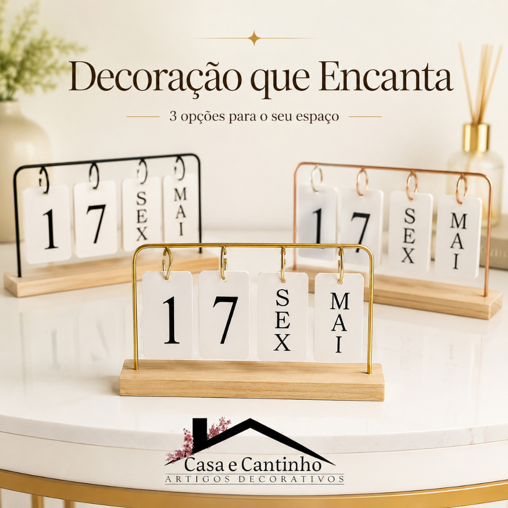 Calendário de Mesa Decorativo com Plaquinhas Preto Rose Dourado Permanente Escritório