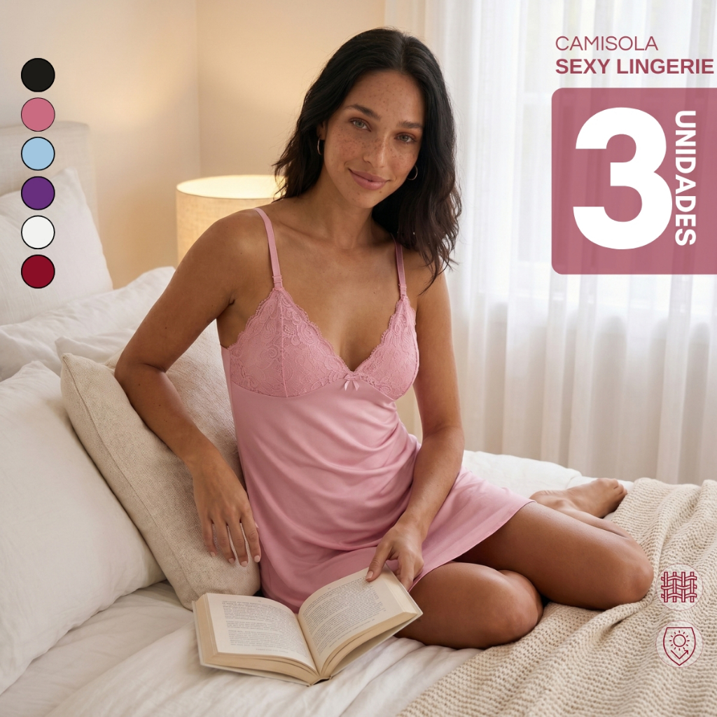 Kit 3 Camisolas Renda Feminina Pijama Sexy Sensual Lingerie Conforto Linha Noite sem Bojo