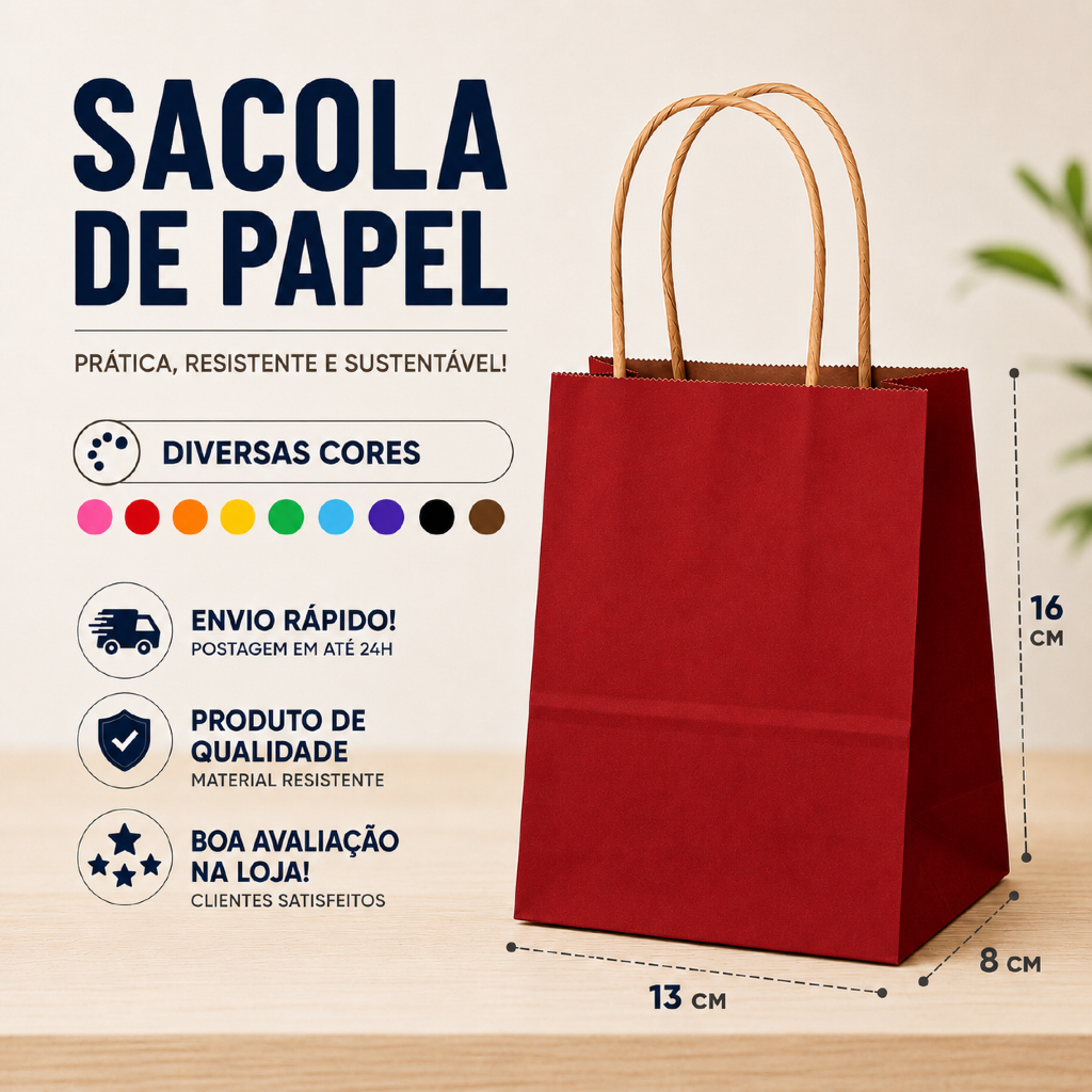 Sacola de papel PP 13x08x16cm 10/20/30 unidades diversas cores