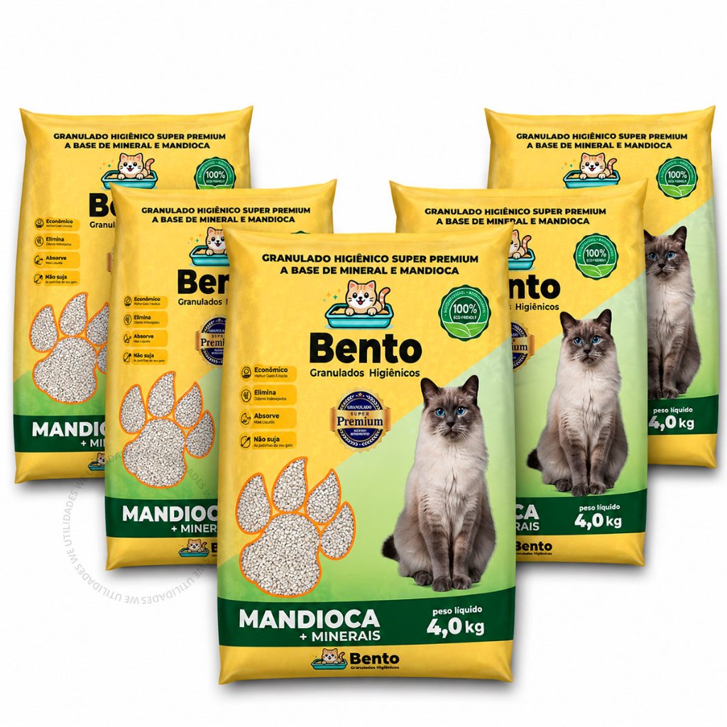 Areia de Gato 4kg Biodegradável Mandioca com Minerais Higiênica Grãos Ultra Finos Natural Rendimento Baixo Odor