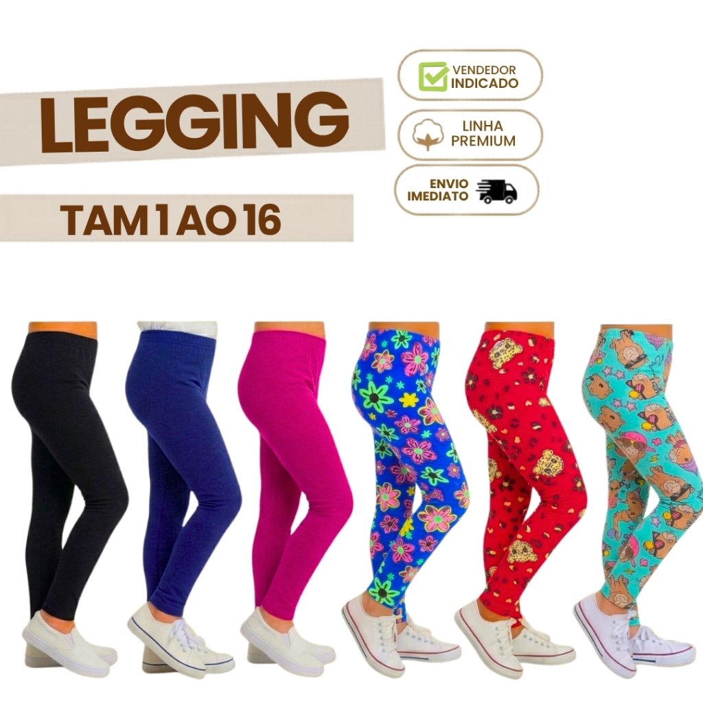 Kit 6 Calça Legging Infantil Menina Feminino Algodão Suplex Calça Legue Escolar Lisa e  Estampada