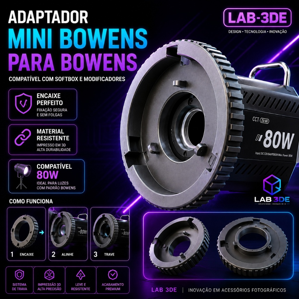 Adaptador Mini Bowens para Bowens Padrão 80W | Compatível com Softbox e Modificadores