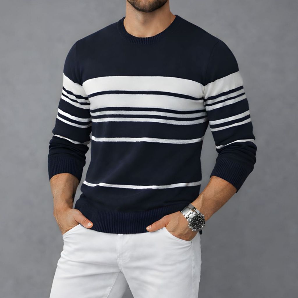 Blusa de Frio Sueter Tricô Lã Com Listras Sueter Gola Redonda Masculina Manga Longa Outono Inverno
