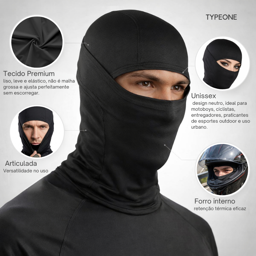 Touca Ninja Balaclava Térmica Unissex Com Forro Peluciado Proteção UV Moto Frio Motoboy Elastano
