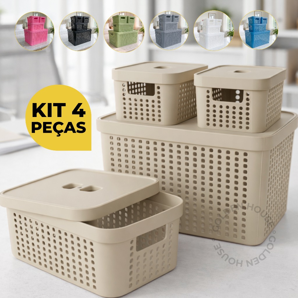 Kit 4 Caixa Organizadora Cesto Multiuso com Tampa Empilhável  - 2L 4,5L 17L
