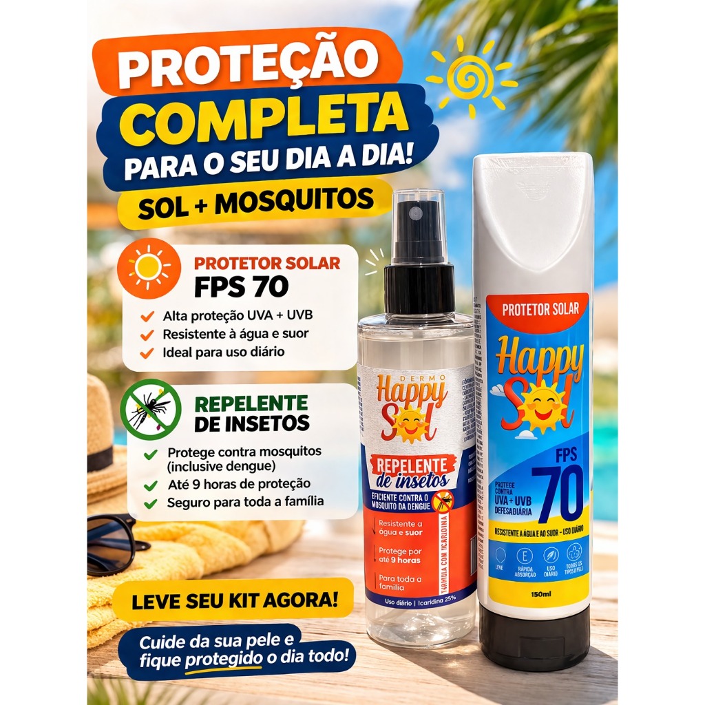 KIT PROTETOR SOLAR HAPPY SOL FPS 70 150ML+ REPELENTE DE INSETOS HAPPY SOL 200ML