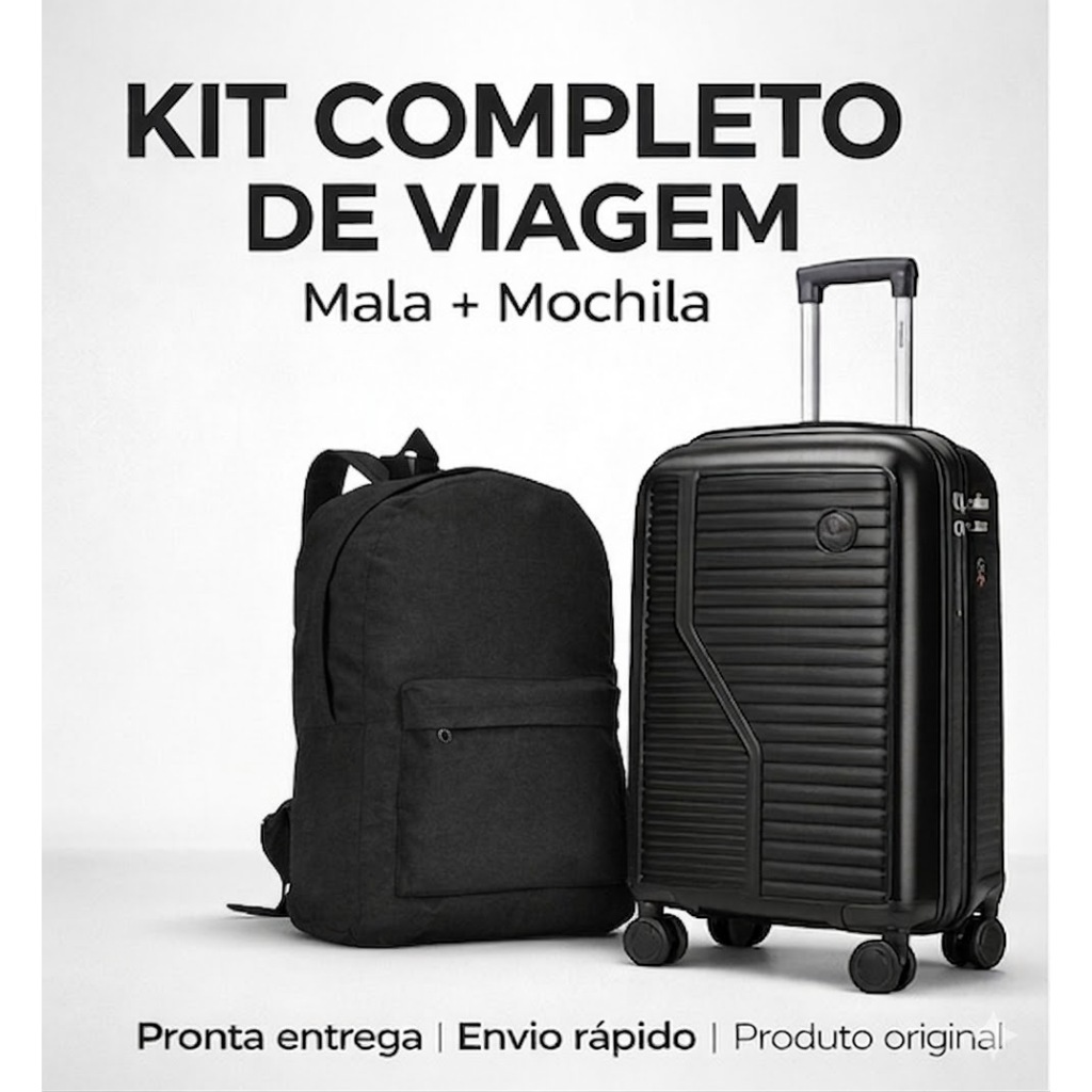 Kit Viagem Mala de Bordo em Polipropileno Dermond PRO  Rodas 360º + Mochila Reforçada em Poliéster