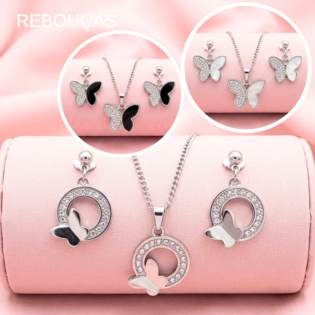 Conjunto de Colar e Brincos Borboleta Modelos Encantadores Aço Inoxidável Feminino