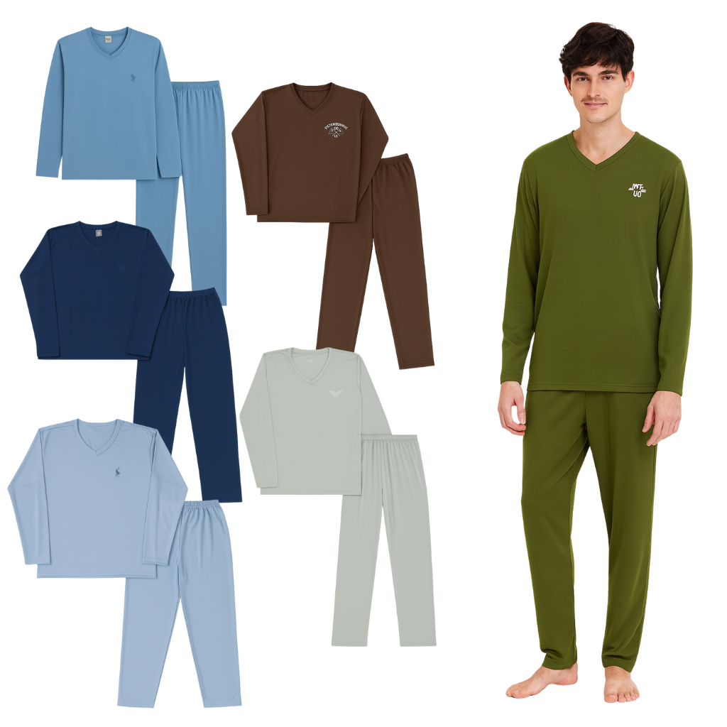 Kit 4 Pijamas Longo Adulto Masculino Basico Bordado Sortido P ao GG