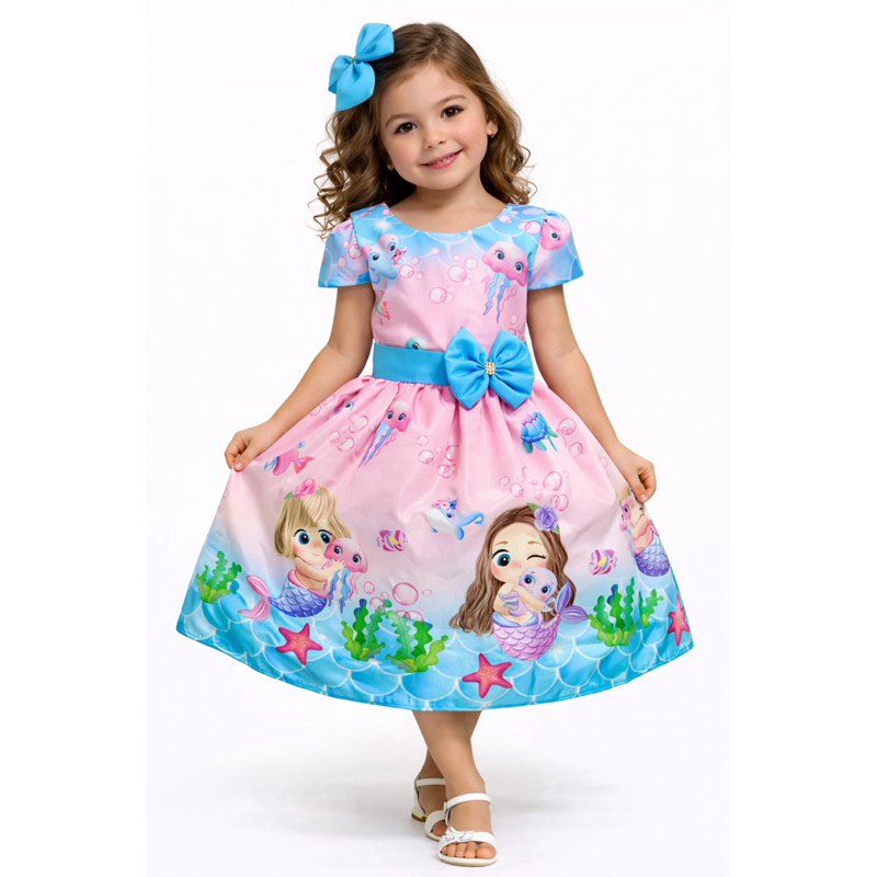 Vestido temático pele de sereia fundo do mar sereia baby menina festa aniversário fantasia