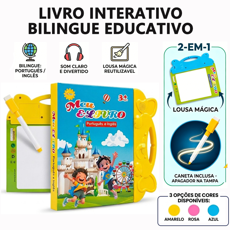 Livro Infantil Bilíngue Português Inglês Livro Interativo com Lousa Mágica Reutilizável+Caneta 2 em 1