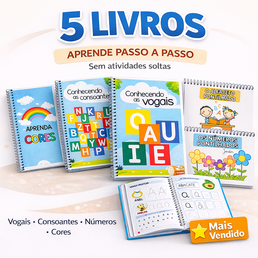 Kit 05 livros de atividades mais vendidos - Vogal, Consoante, Alfabeto, Número e Cor - Educativo