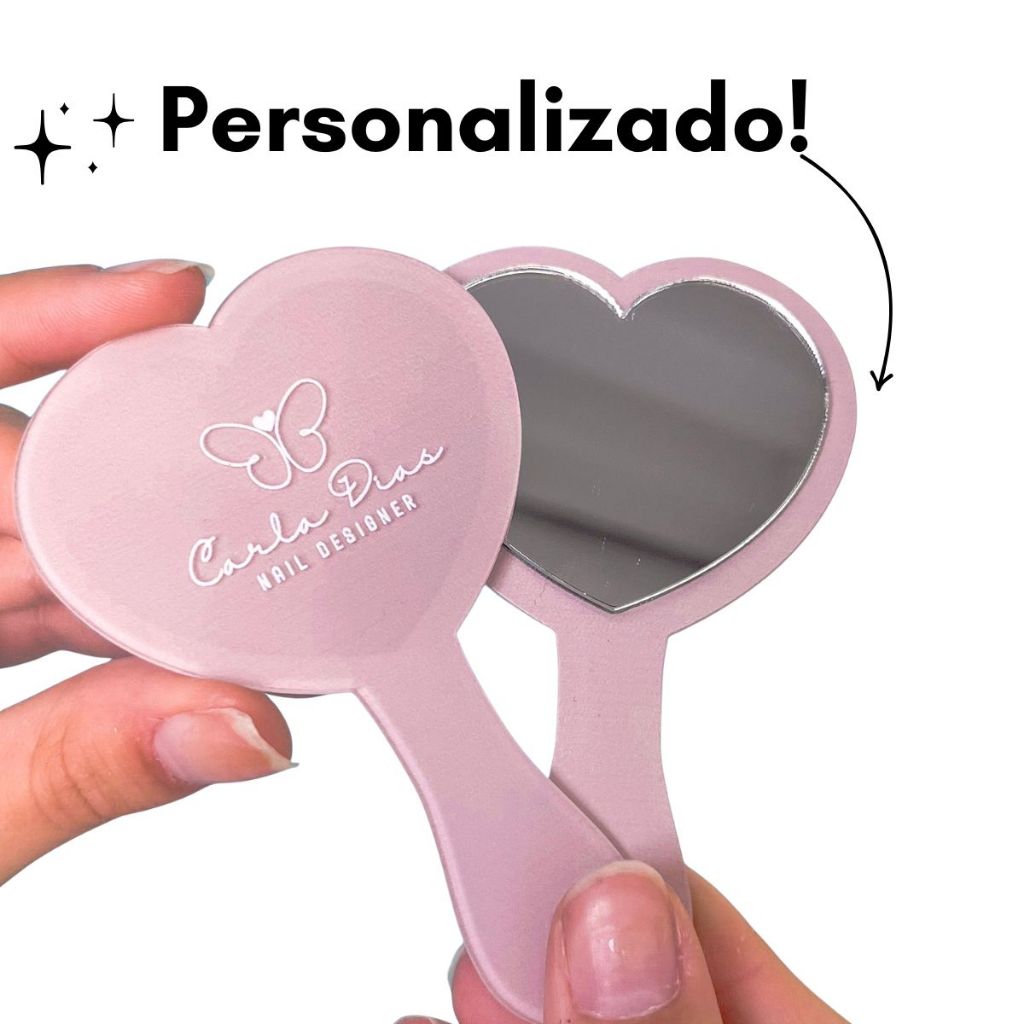 10uni - Espelho Personalizado Logo Kit 10 Coração Mini com Cabo Acrílico Brinde Cliente Maquiagem