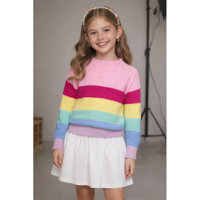 Blusa Suéter Tricô Infantil Feminina Arco Íris