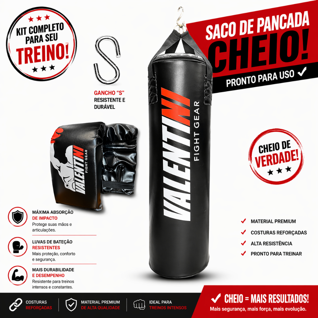 Saco de Pancada VALENTINI  90 cm Cheio - Treino Boxe Muay Thai  - Alta Resistencia + 1 Luva Bate Saco Preta