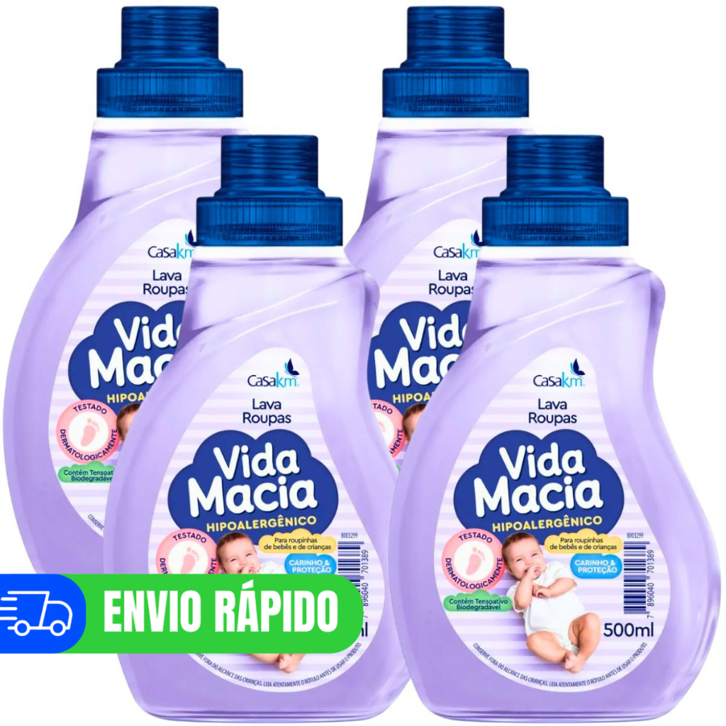 Kit 4 Lava Roupas Bebê Vida Macia 500ml Sabão Liquido