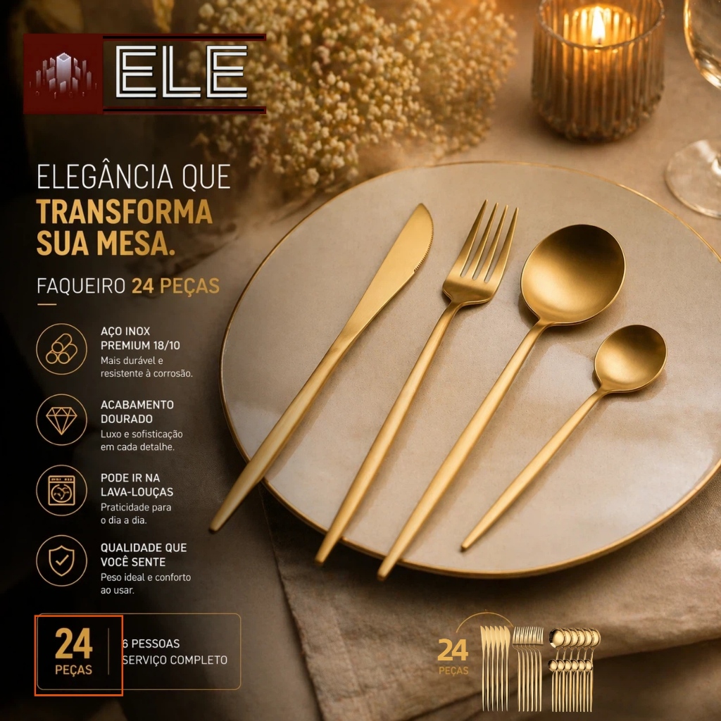 24 Peças Talheres Dourado de Aço Inox Garfo Colher Faca Colher De Mesa