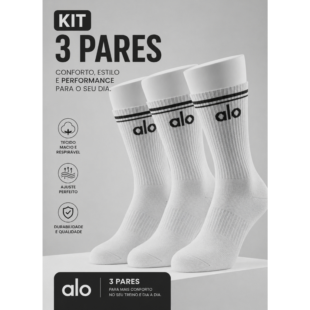 Kit 3 Pares Meia Academia Cano Longo Algodão Premium Unissex Fitness Dia a Dia