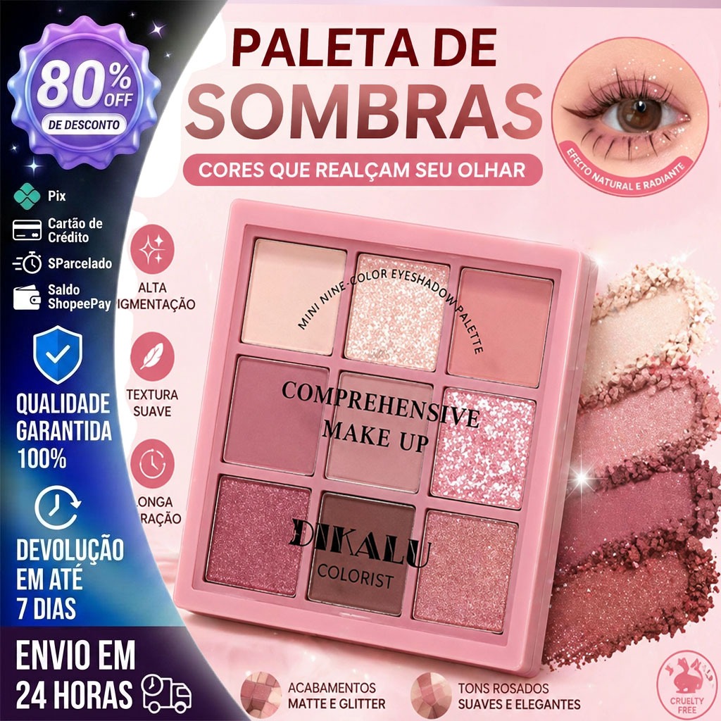 Paleta de Sombras Coloridas 9 Cores Alta Pigmentação Waterproof Sweat-Proof Make Olhos