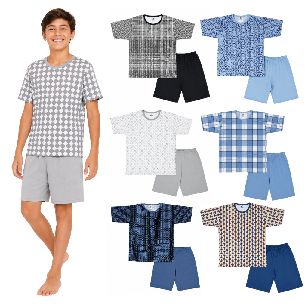 Kit 3 Pijama Verão Juvenil Masculino Manga Curta Estampa Sortida 10 ao 16