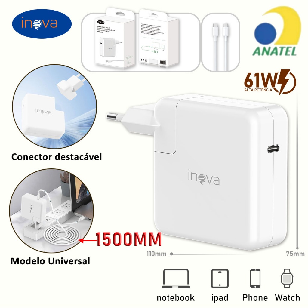 INOVA Carregador De Notebook Universal 61W - Conector Destacável Universal para Notebook iPad Phone Cabo 1.5m