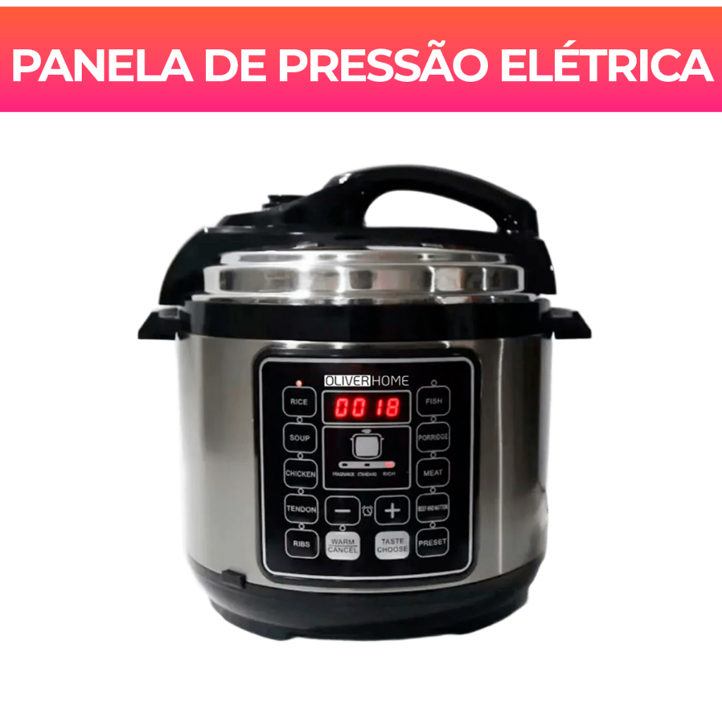 Panela De Pressão Elétrica 6L Inox Preta Digital 110V ou 220V Oliverhome