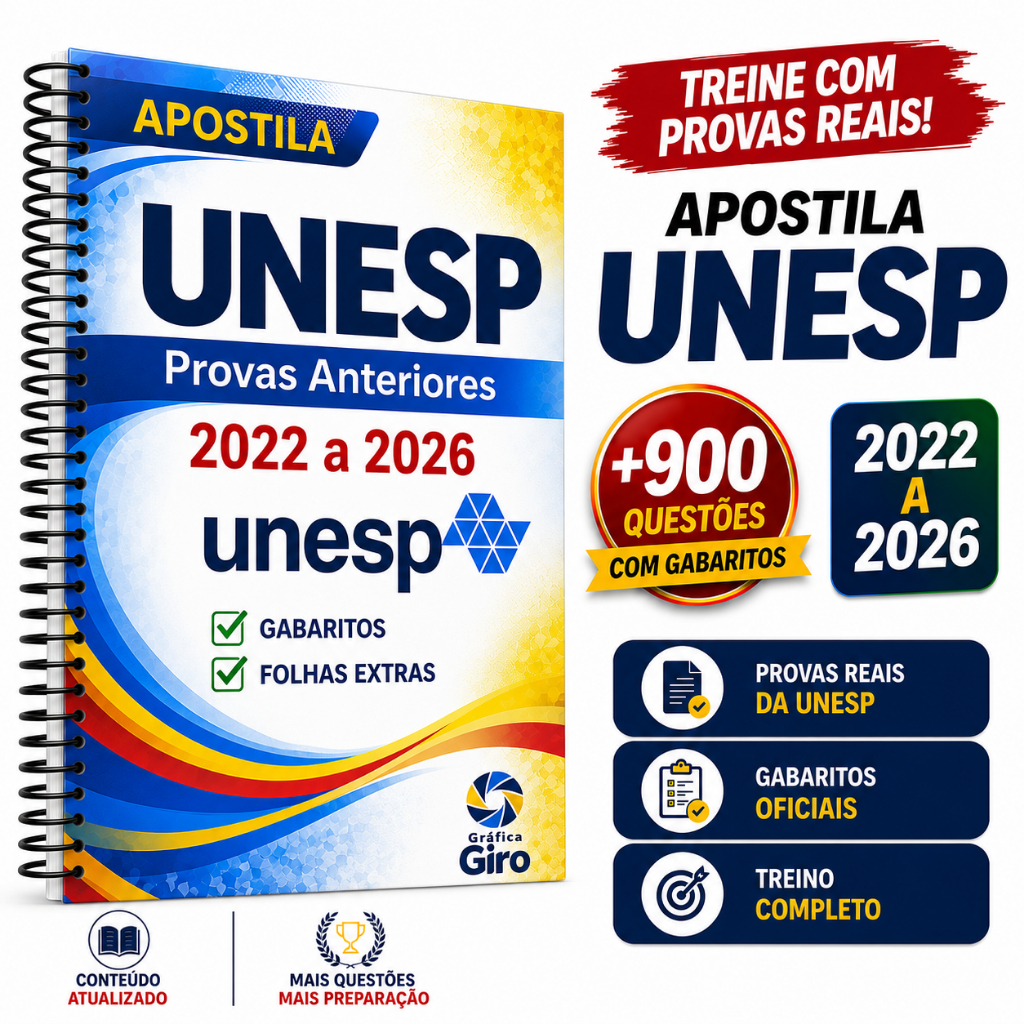 Apostila Unesp Provas Antigas Anteriores Provas de 2022 a 2026 com Gabaritos e Folhas Extras