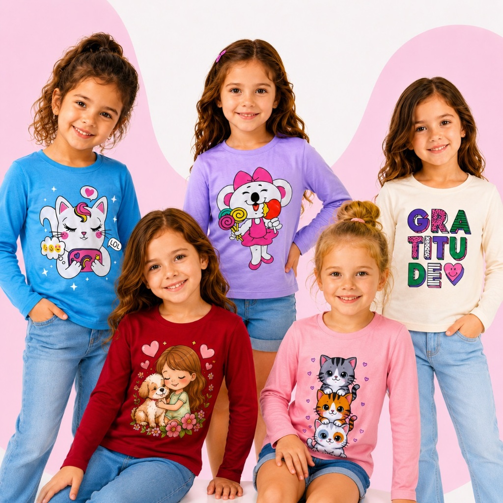 Kit Com 02/03/05 Camiseta Infantil Manga Longa Menina Feminino 100% Algodão Inverno 2 à 8 Anos