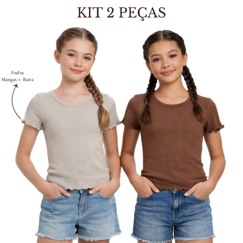 Kit 2 Peças Baby Look Juvenil Camiseta Feminina Babado Fru-Fru  Premium Confortável
