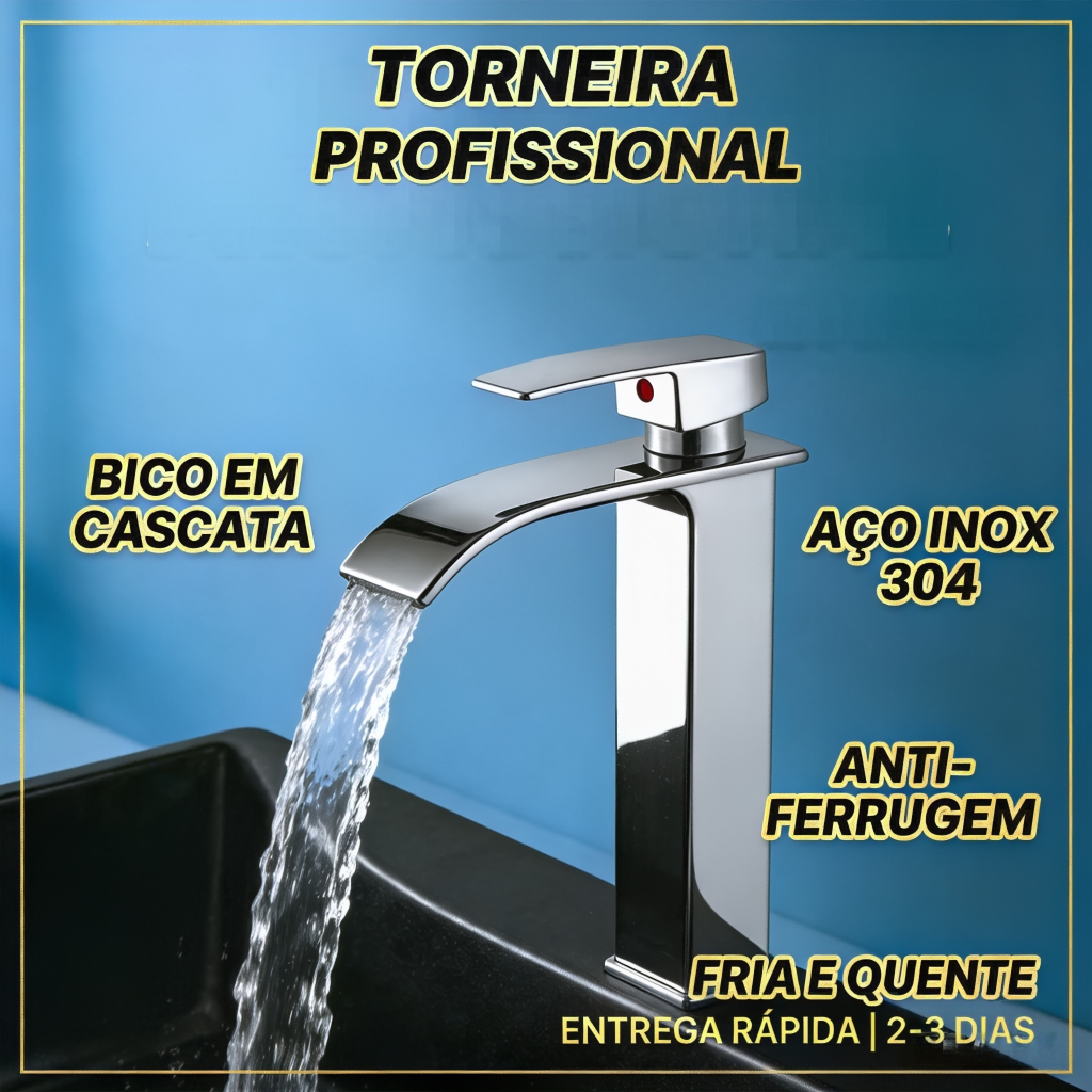 Torneira de Banheiro Alta Bico em Cascata Monocomando Misturador Fria e Quente Design Moderno Cromado