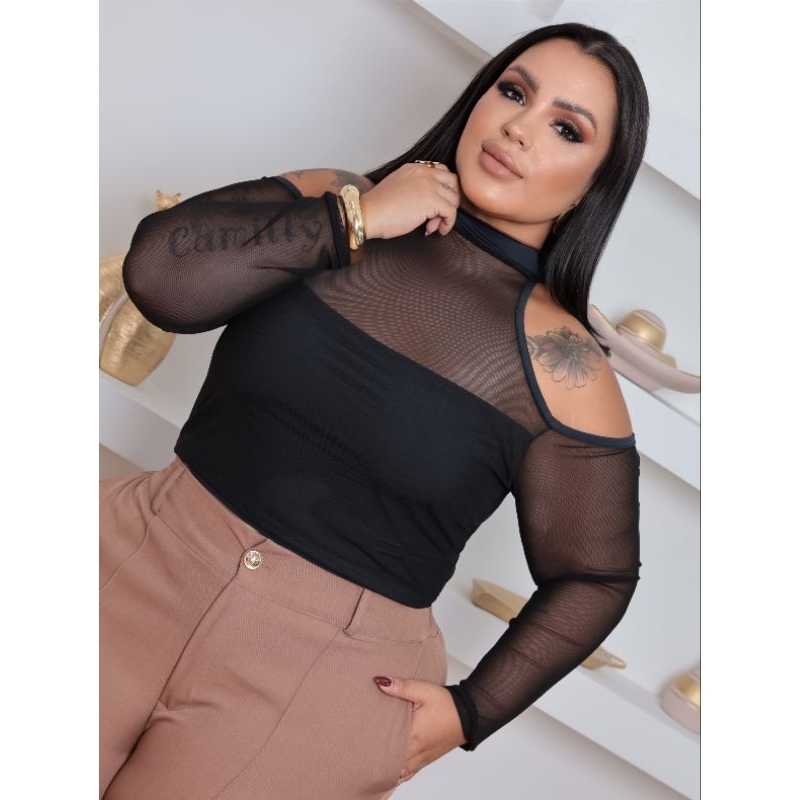 Blusa cropped tule manga longa gola alta