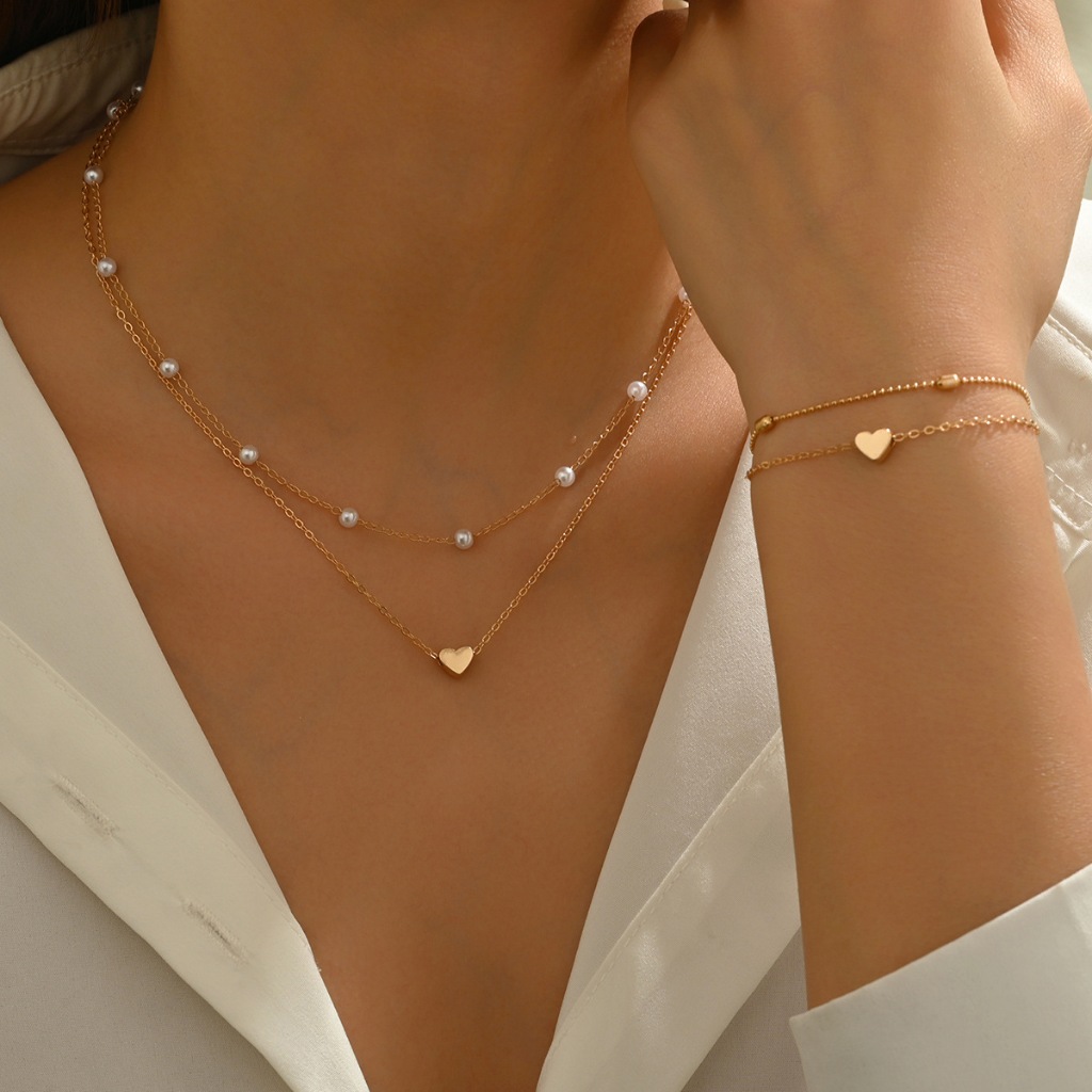 Kit Colar e Pulseira Coração com Pérola Dourado Feminino Delicado Elegante Presente Bella Bijou Luxo