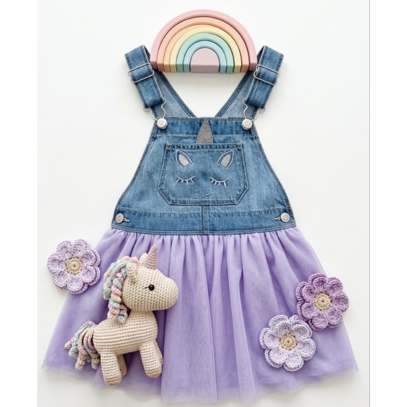 Salopete jardineira jeans e saia de tutu importada Original e salopete 3 peças com meia calça e blusa manga longa