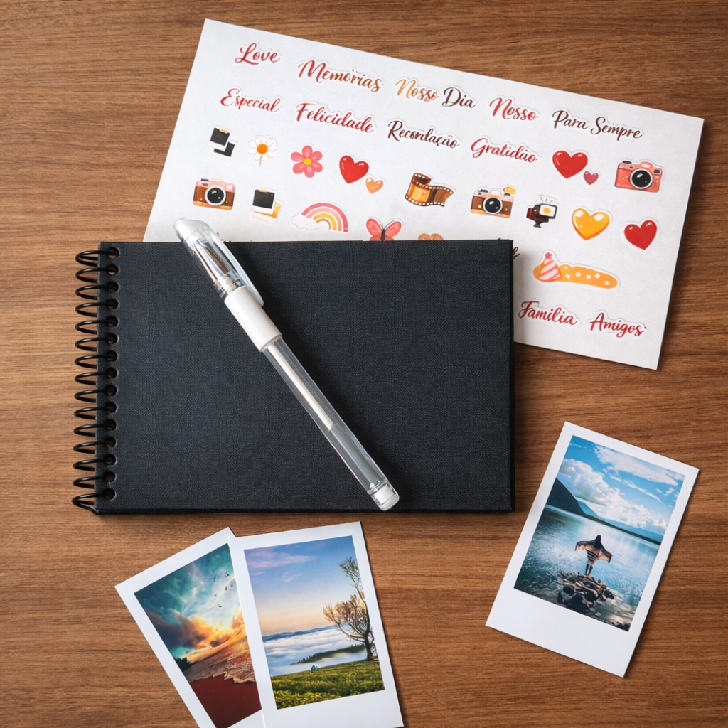 Kit Album Scrapbook + Mini Fotos Adesivos Personalizadas Presente Casal