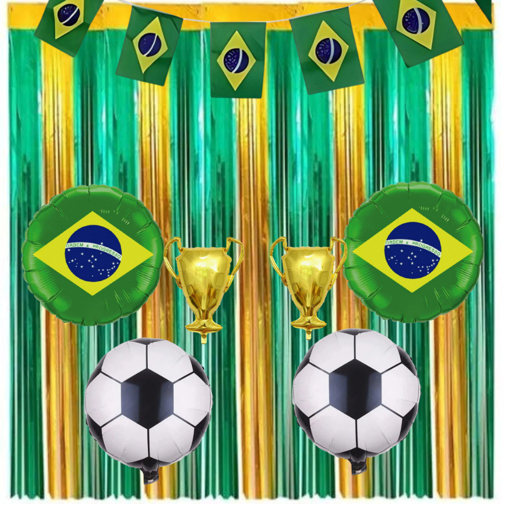 Kit Decoração Copa do Mundo 2026 - 2 Cortinas Metalizada + 2 Balões Bola + 2 Taças Douradas + 2 Balões Brasil