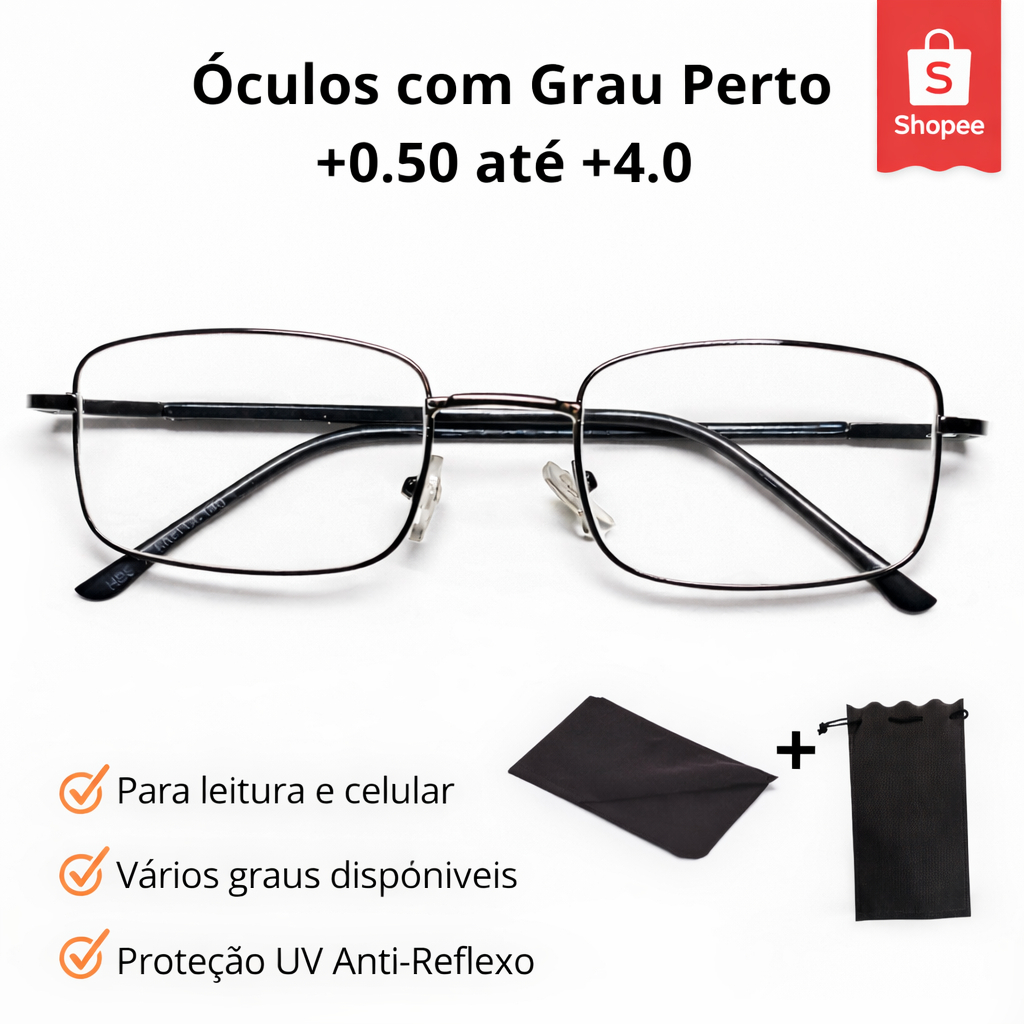 Óculos de grau metal leitura descanso trabalho estudo + Saquinho e flanela