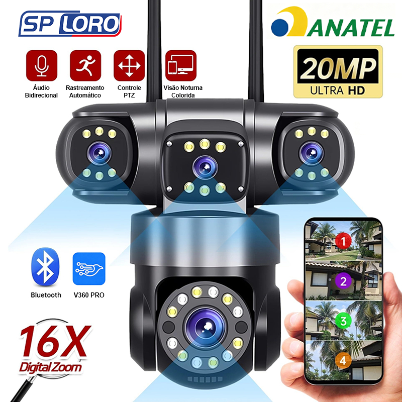 Câmera de Segurança Tripla Inteligente Wi-Fi 360° 4K Visão Noturna Detecção de Movimento Preto P16