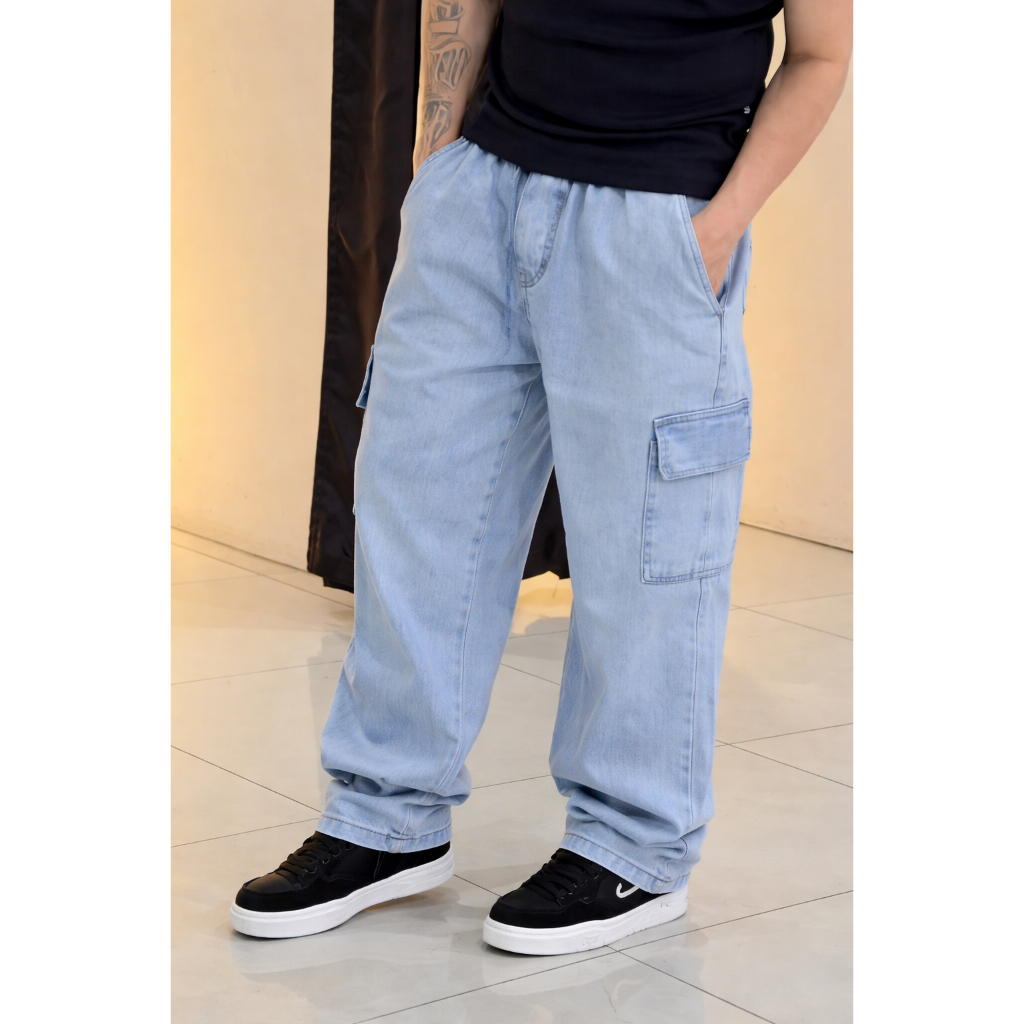 Calça Cargo Masculina Jeans Cós De Elástico Streetwear Larga