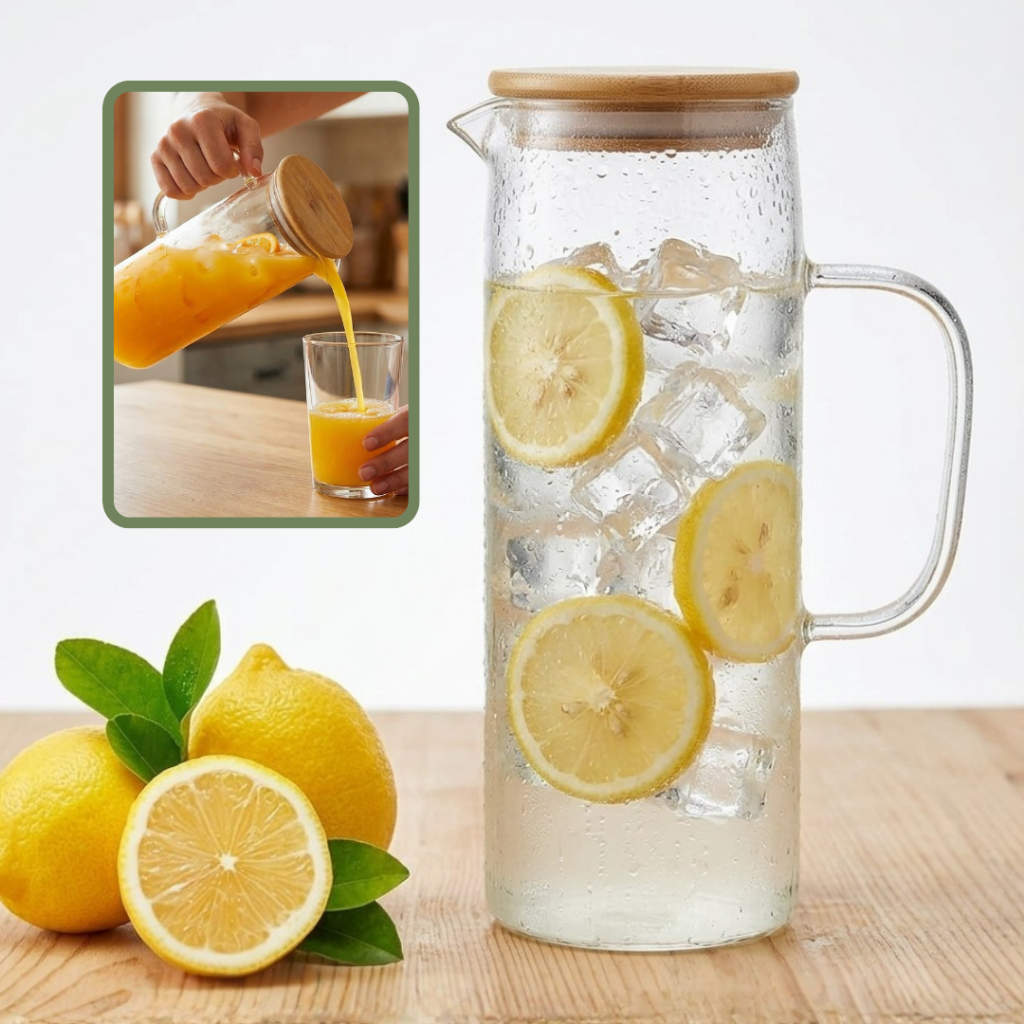 Jarra de Vidro com Tampa de Bambu em Borossilicato 1,2L Transparente Suco Água Chá