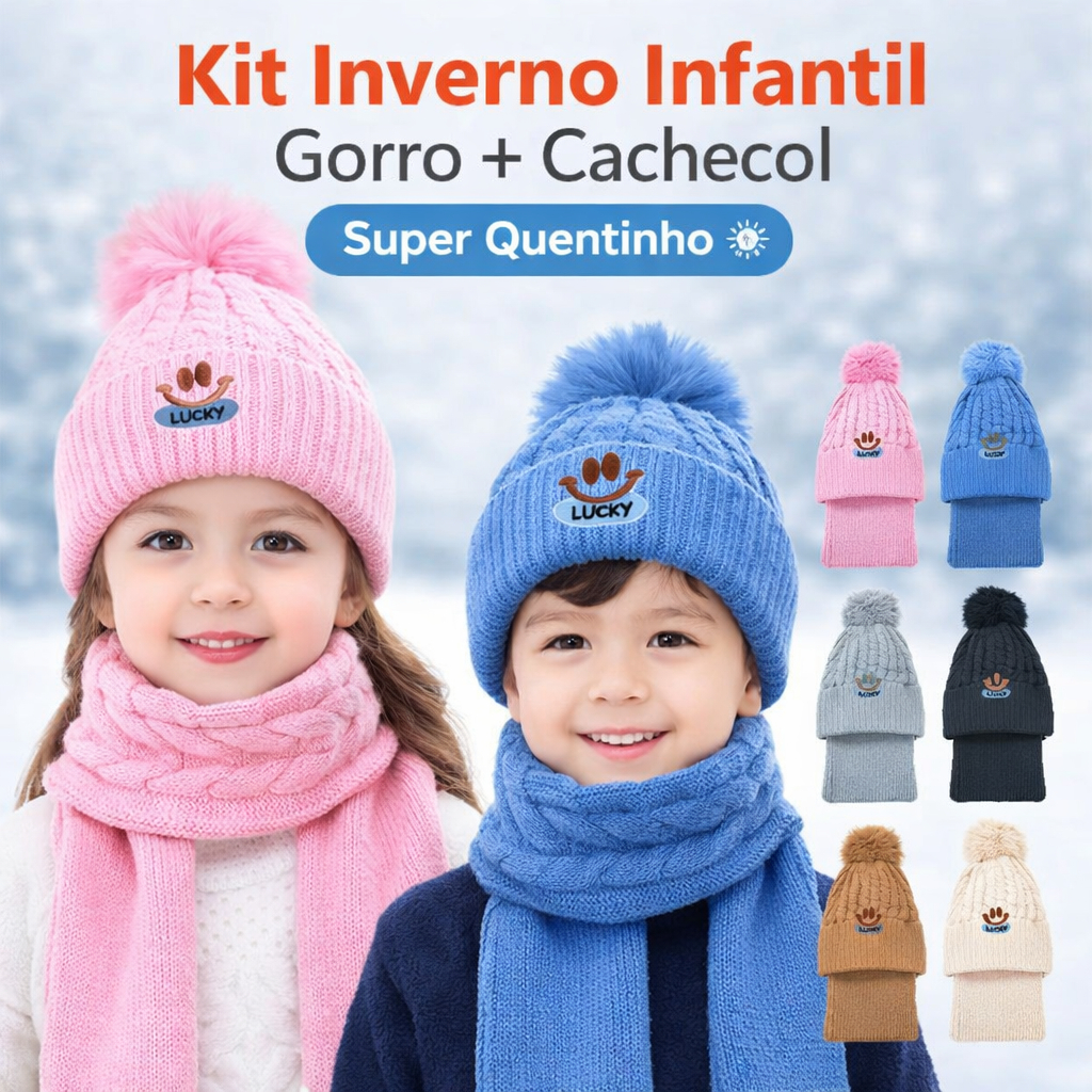 Kit Gorro + Cachecol Infantil Inverno Peluciado Quente Menino Menina Touca Frio Feminino Masculino
