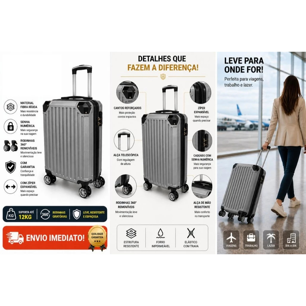 Mala de Viagem 12Kg Rígida ABS Rodas 360º Leve Resistente Cadeado Segurança Compacta Premium Médio