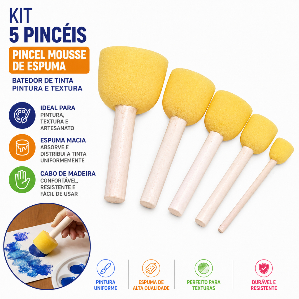 Kit 5 Pincéis Pincel Mousse de Espuma Batedor Tinta Pintura Textura Yins Paper