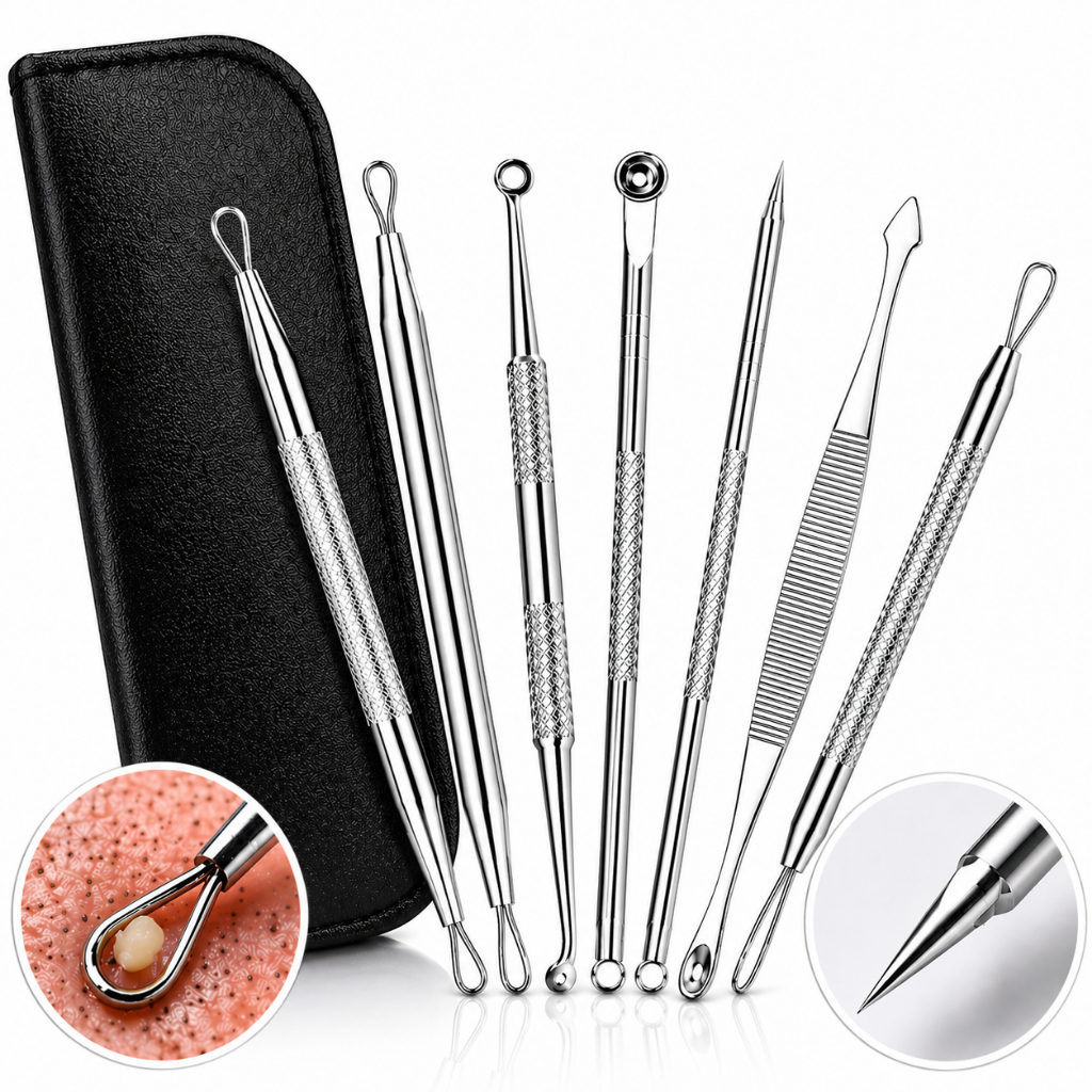 Kit 7 Peças Extrator de Cravos Profissional Removedor de Espinhas Aço Inox Limpeza de Pele